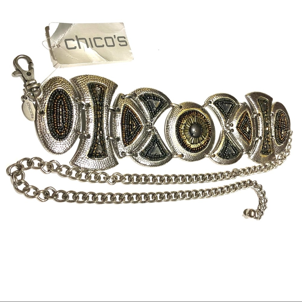 NWT Chico’s Silver & Gold Chain Belt Embellished with Bead  & Sequins  Size S/M